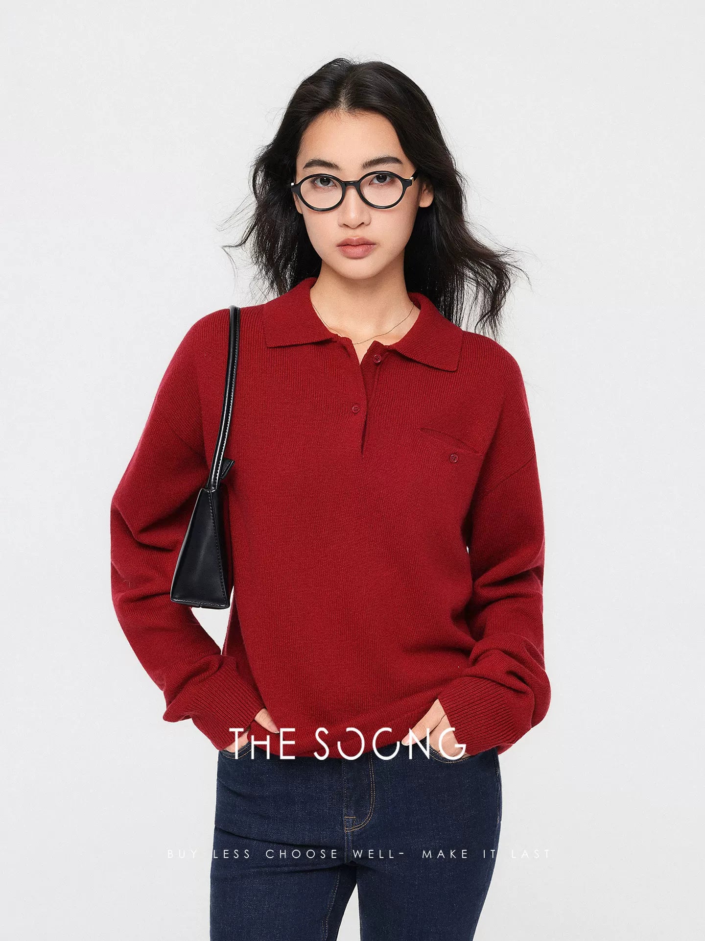 THESOONG Soft and Cozy Thin 100% Wool Single-Sided Knit Knit Collar Sweater 8043
