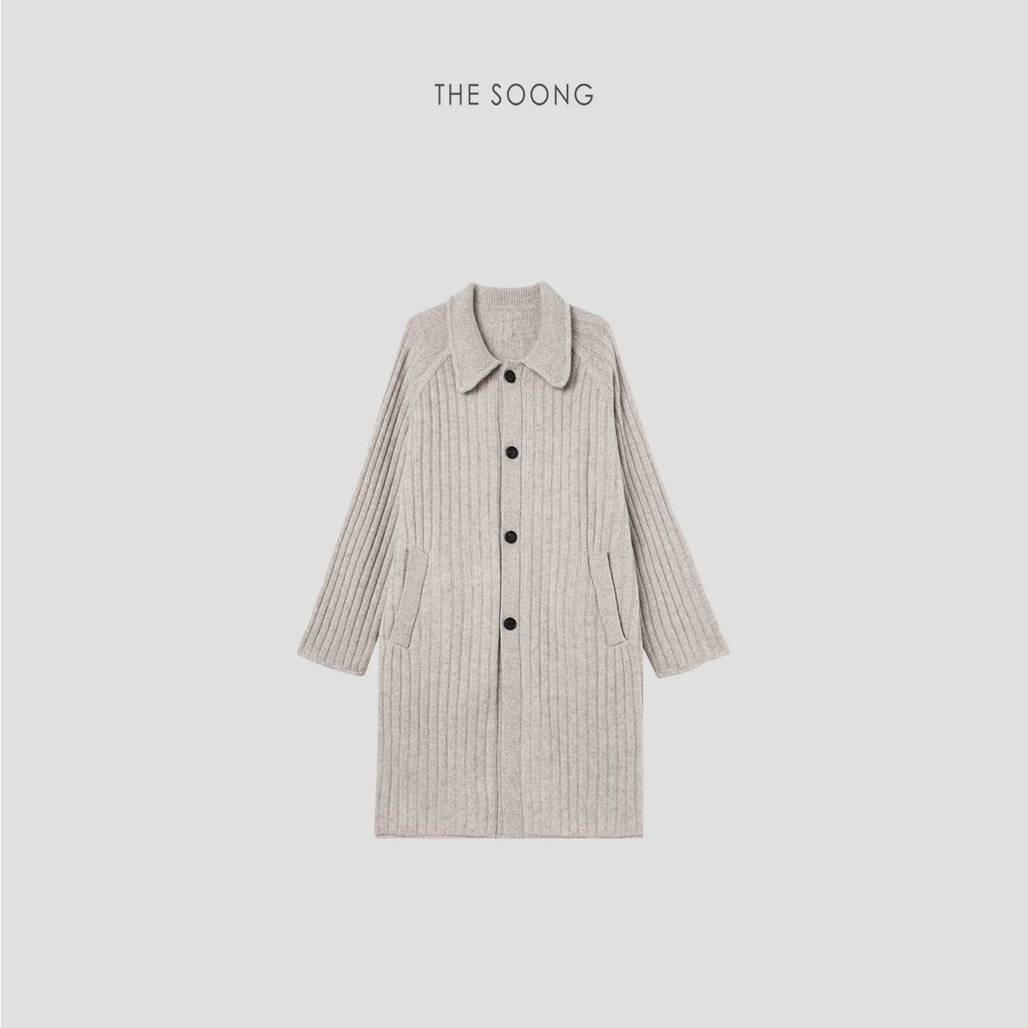 THESOONG/100% Basuran Wool Knit Long-Sleeve Cardigan Women's Mid-Length Trench Coat, Minimalist Outerwear 7526