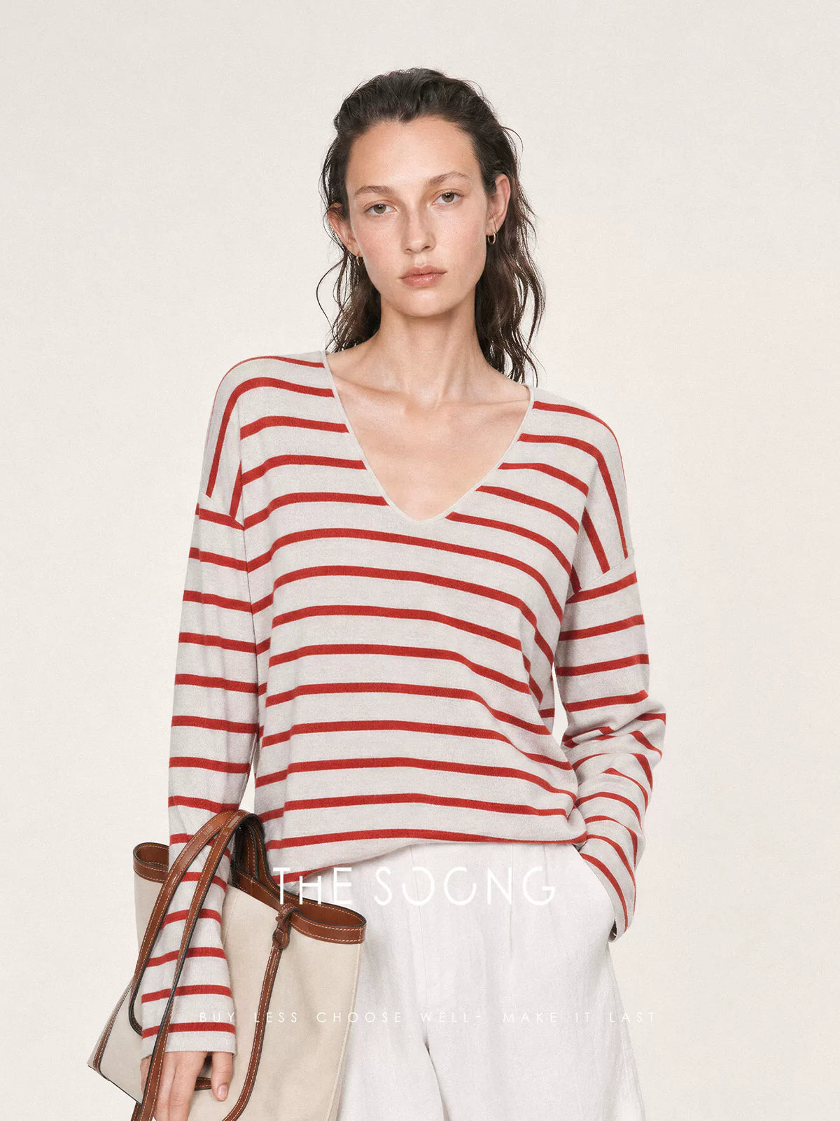 THESOONG/French Lazy Linen Blend V-Neck Striped Loose Breathable Thin Knitwear Jacket for Women 9127