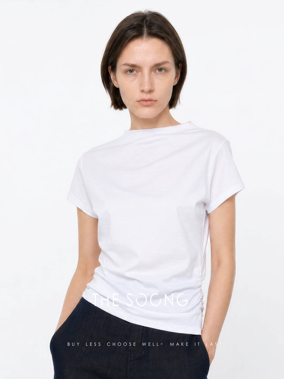THESOONG/Graceful Light Elegance Lyocell Natural Soft Gathered Waist Small Boat Neck Short Sleeve T-Shirt for Women 8539