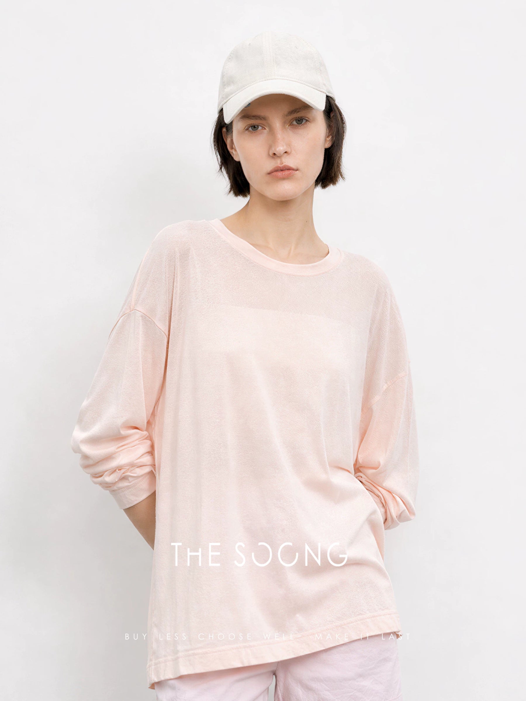 THESOONG/Cocoon T Simple Basic 100% Paper-Feel Cotton Round Neck Loose Solid Long Sleeve T-Shirt for Women 8819