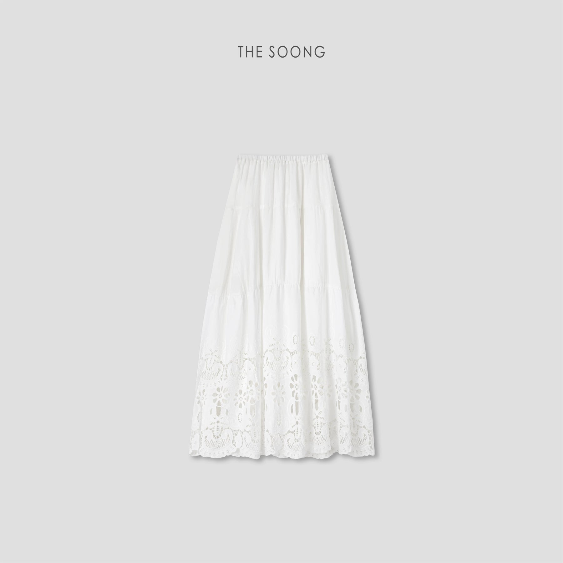 THESOONG/White ramie cotton water-soluble hollow-out embroidered midi skirt for women, high-waisted slimming A-line long skirt 9414