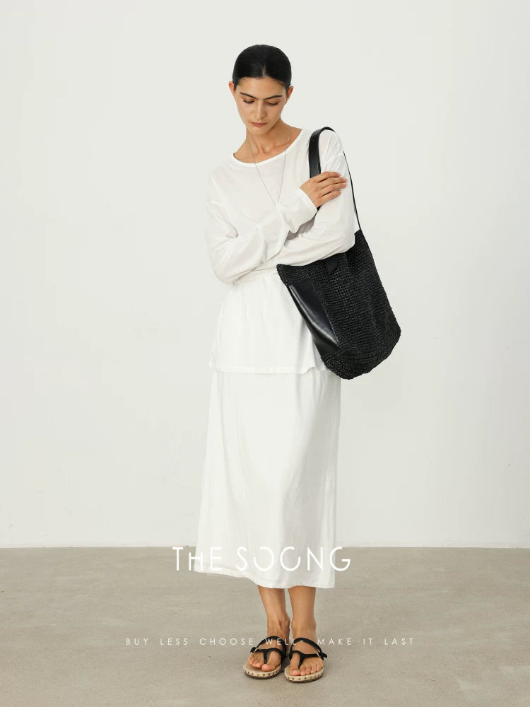 THESOONG/Snow White 100% Long-Staple Cotton Lightweight Thin T-Shirt and Skirt Relaxed Set for Women 5253