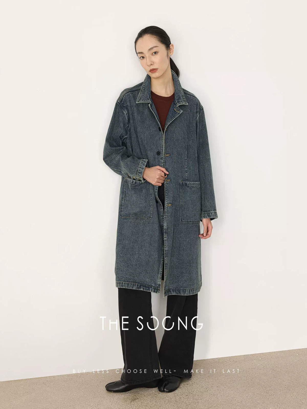 THESOONG/Spring New Long Over-the-Knee Denim Jacket Women Loose Fit Slimming Long Sleeve HBNZ8363