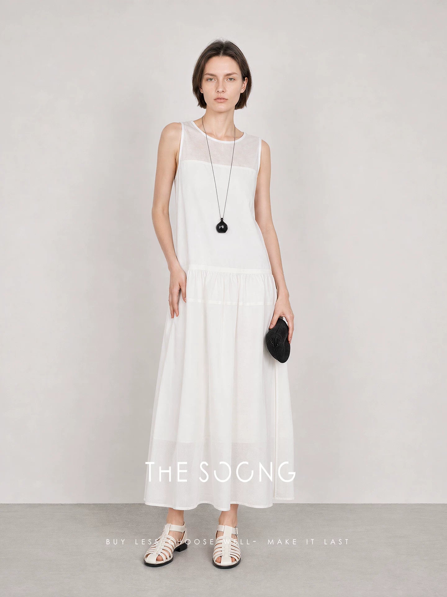 THESOONG/Summer Linen-Cotton Tencel Drawstring Waist-Cinching Black-and-White Sleeveless Dress for Women HWQZ9370