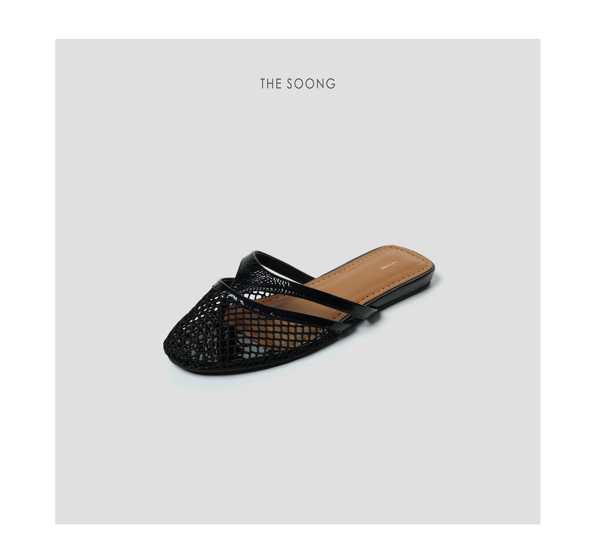THESOONG/Leather Mesh Shoes Classic Hollow Breathable Fishnet Open-Toe Flat Slippers 7111
