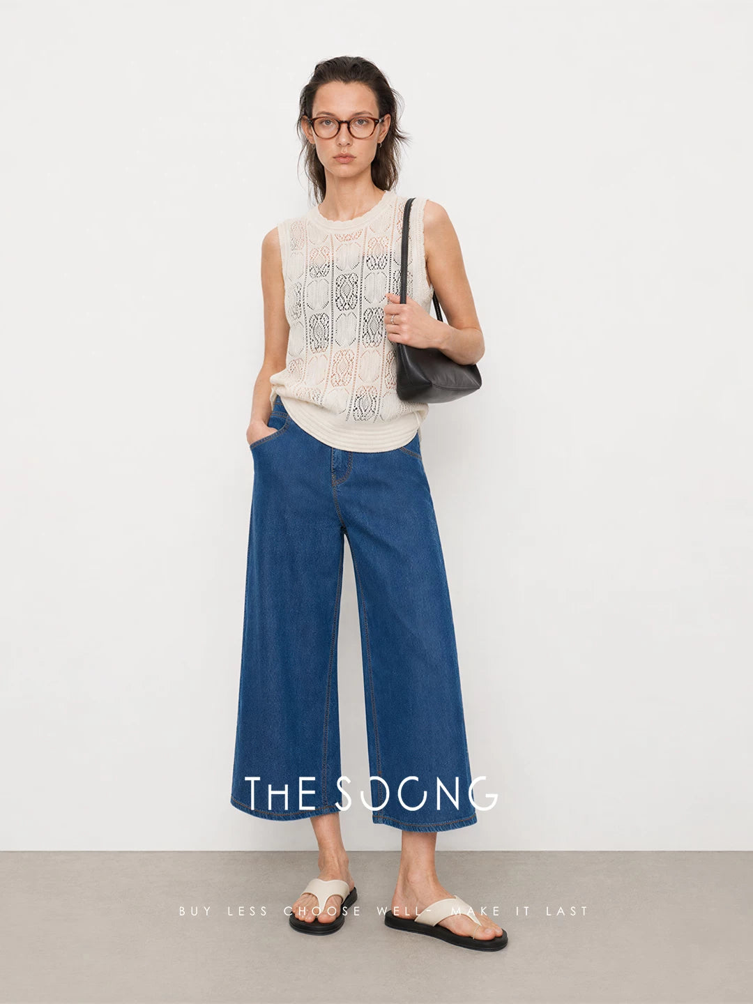 THESOONG/Japanese rope-dye indigo 9-oz stretch Lycra summer thin cropped wide-leg jeans for women
