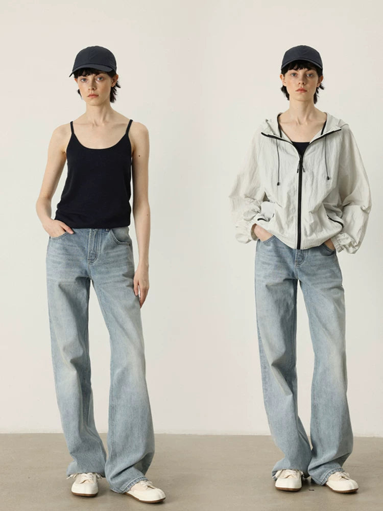 THESOONG/Straight-Leg Jeans Women New Light Blue 14.9oz Rigid Washed Wrinkle Long Pants 6940