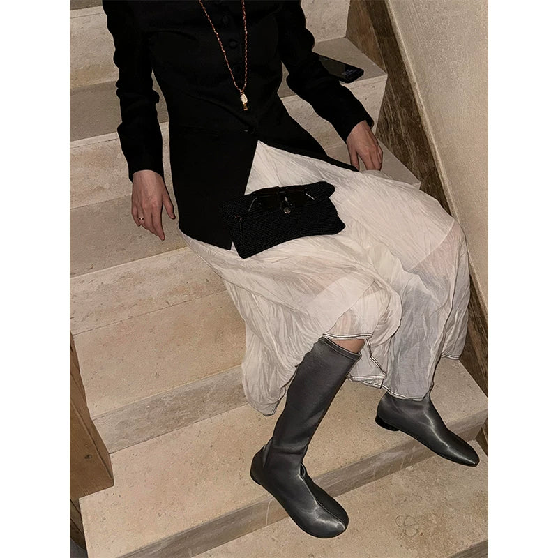THESOONG/Luxurious flowing stretchy silk satin glossy pointed mid-calf boots 7570