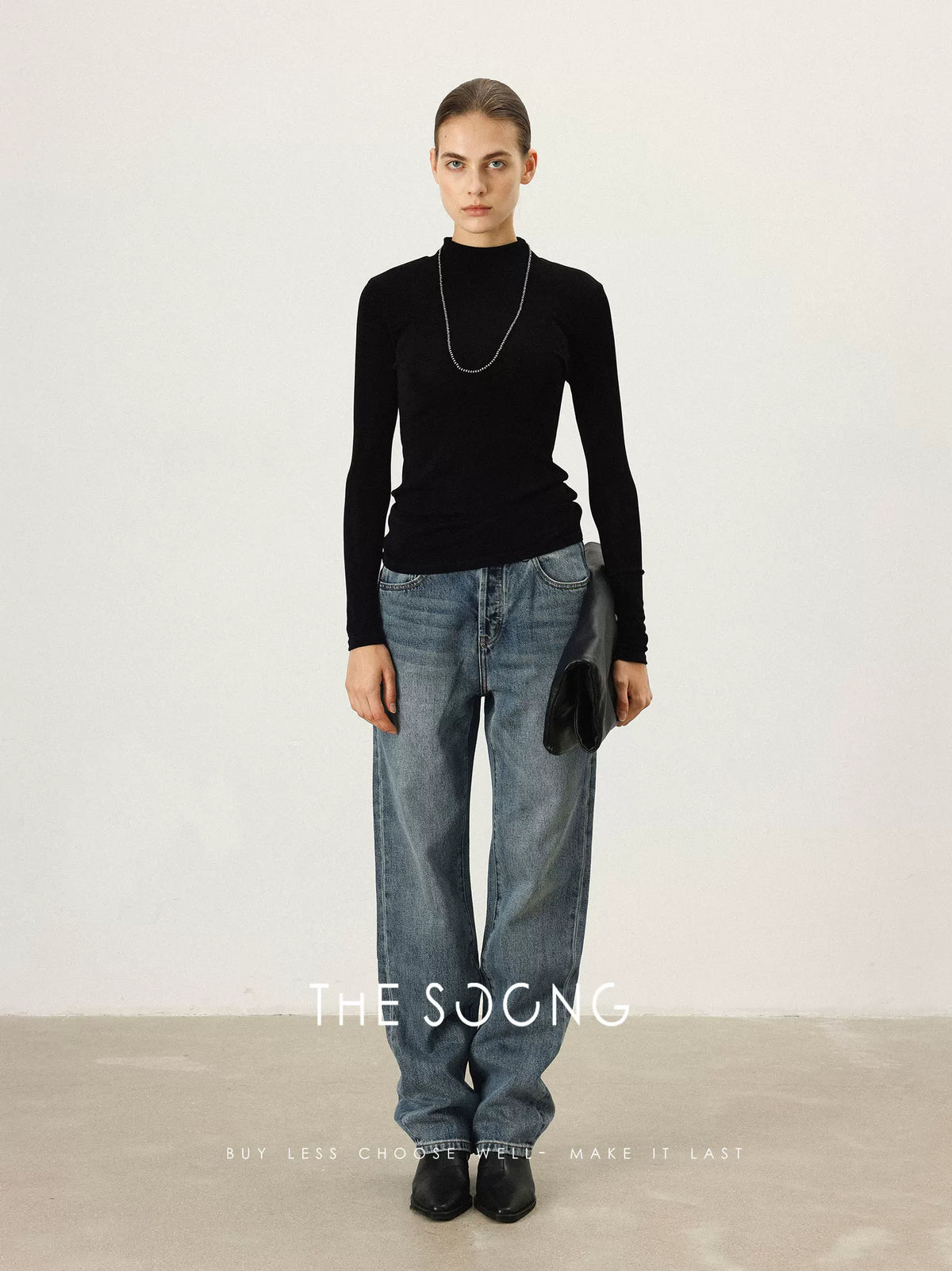 THESOONG/Classic Fashionable Acetate Soft Textured Black Turtleneck Slim Fit Base Top 7341