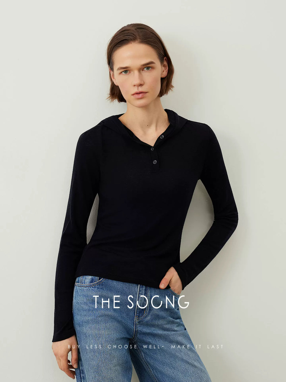 THESOONG/Autumn and Winter Lightweight 100% Pure Wool Classic Henley Collar Black Hoodie Long Sleeve Base Shirt 7430