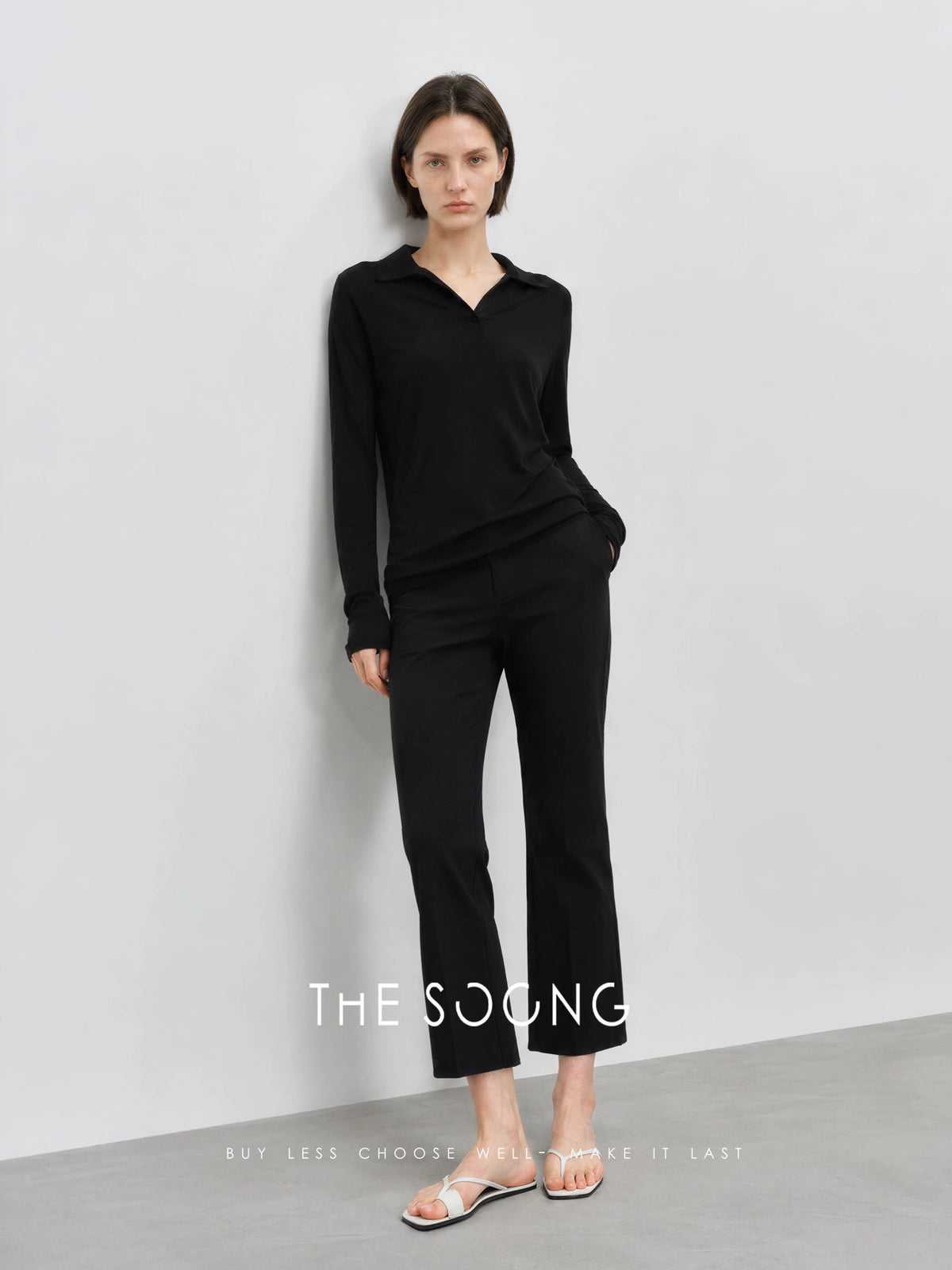 THESOONG / Classic 100% cotton breathable Henry shirt skin-feel long sleeve polo sweater for women 6347