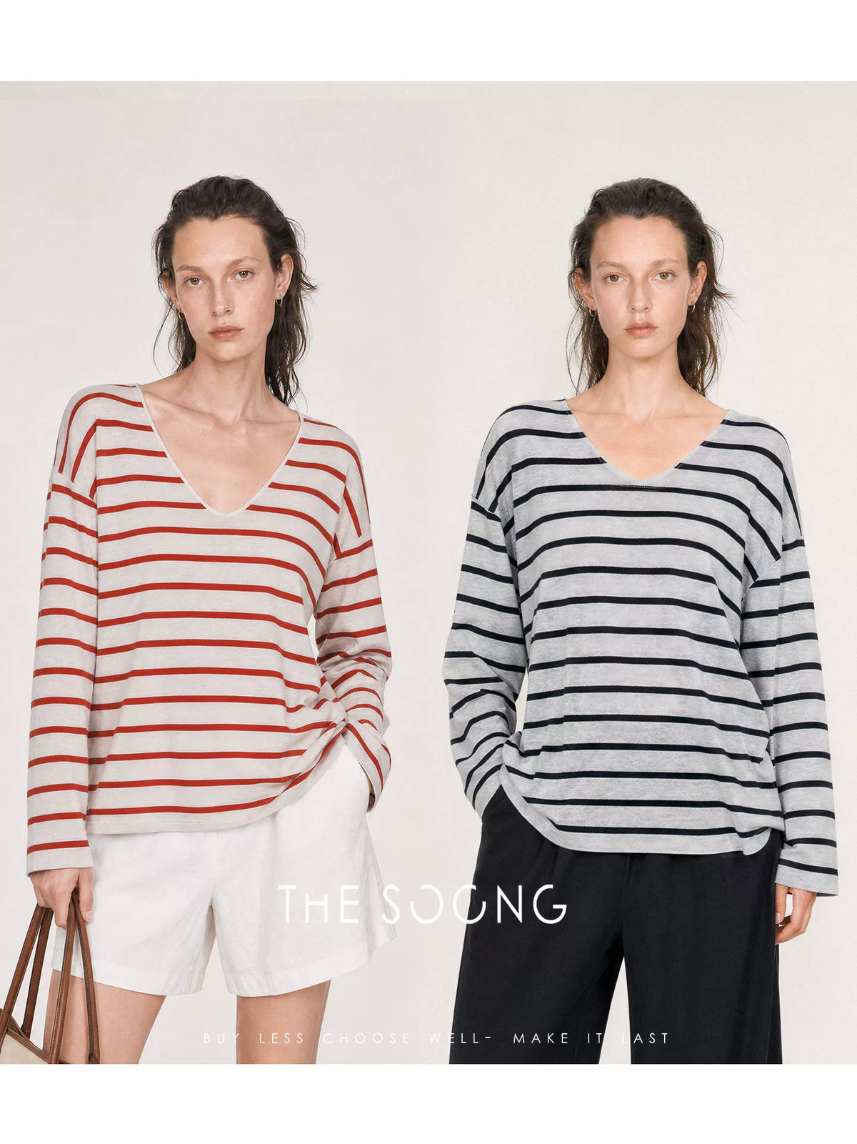 THESOONG/French Lazy Linen Blend V-Neck Striped Loose Breathable Thin Knitwear Jacket for Women 9127
