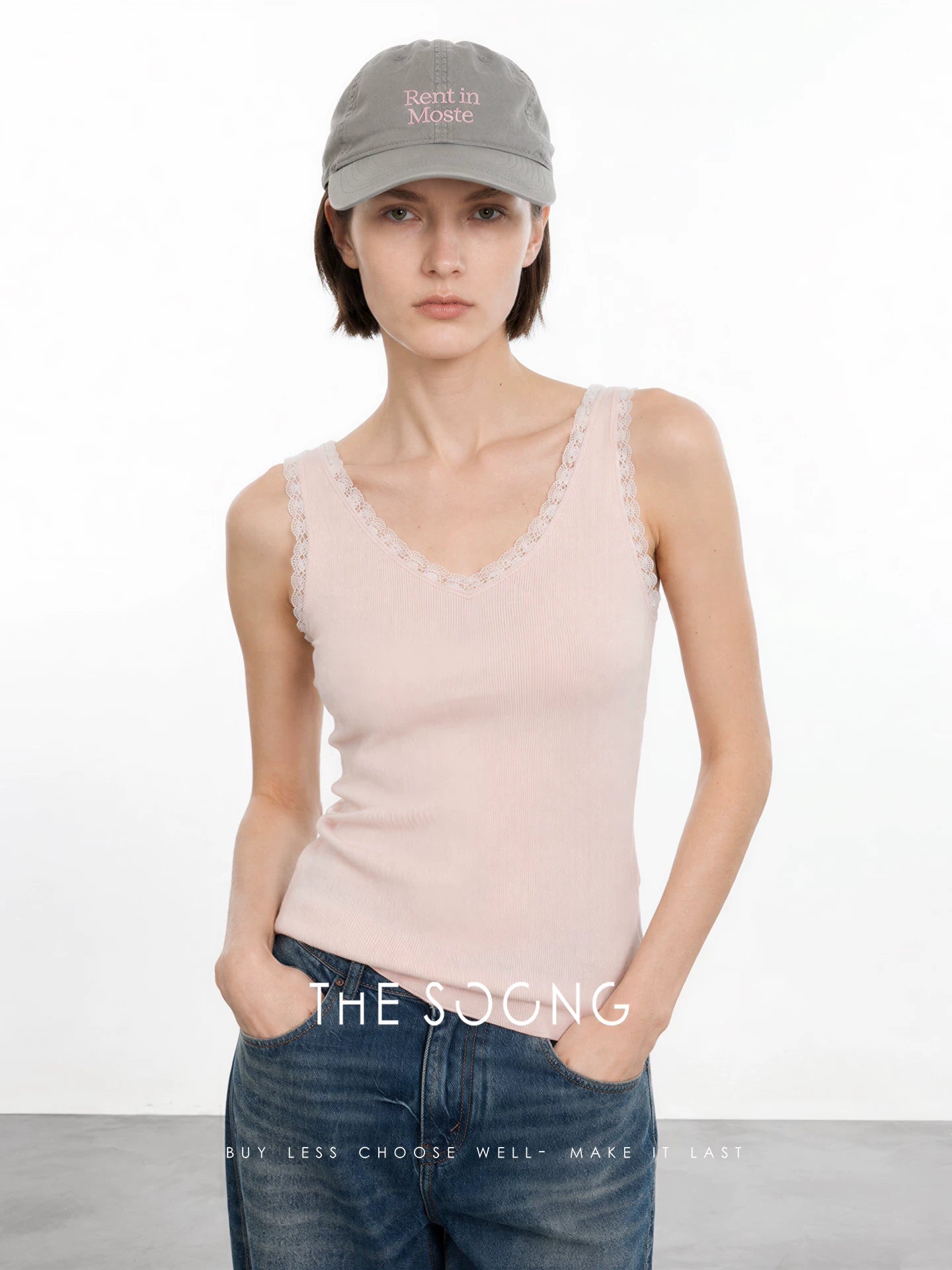 THESOONG/Lyocell Mulberry V-neck Fixed-Dye Lace Lace Groove Knit Camisole for Women 9404