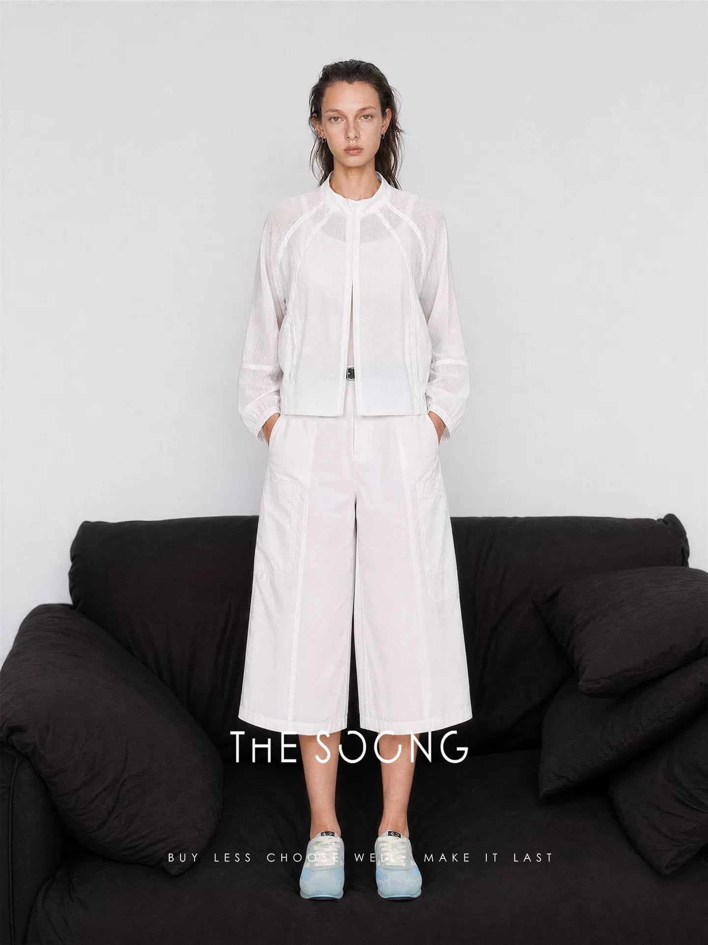 THESOONG/Relaxed Daily Three-Dimensional Patch Pocket Mid-Waist Slim Breathable Non-Stuffy Wide-Leg Capri Pants for Women Summer 9124
