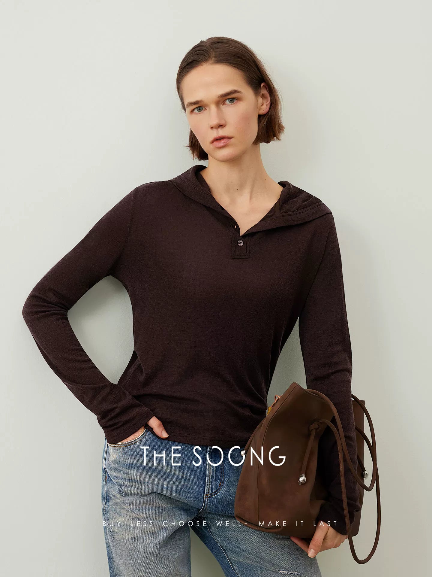 THESOONG/Autumn and Winter Lightweight 100% Pure Wool Classic Henley Collar Black Hoodie Long Sleeve Base Shirt 7430
