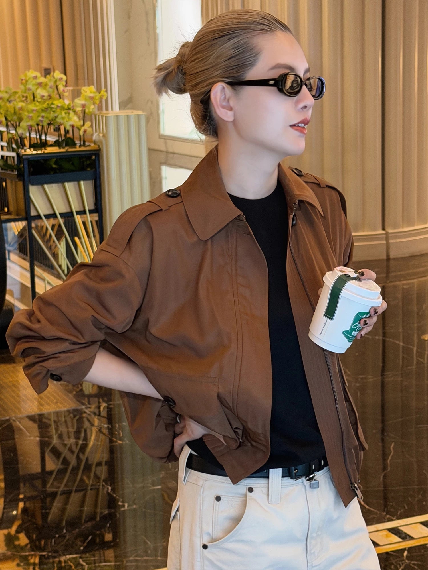 THESOONG/Relaxed moment lightweight smooth drape drop shoulder gathered short jacket for women 9482