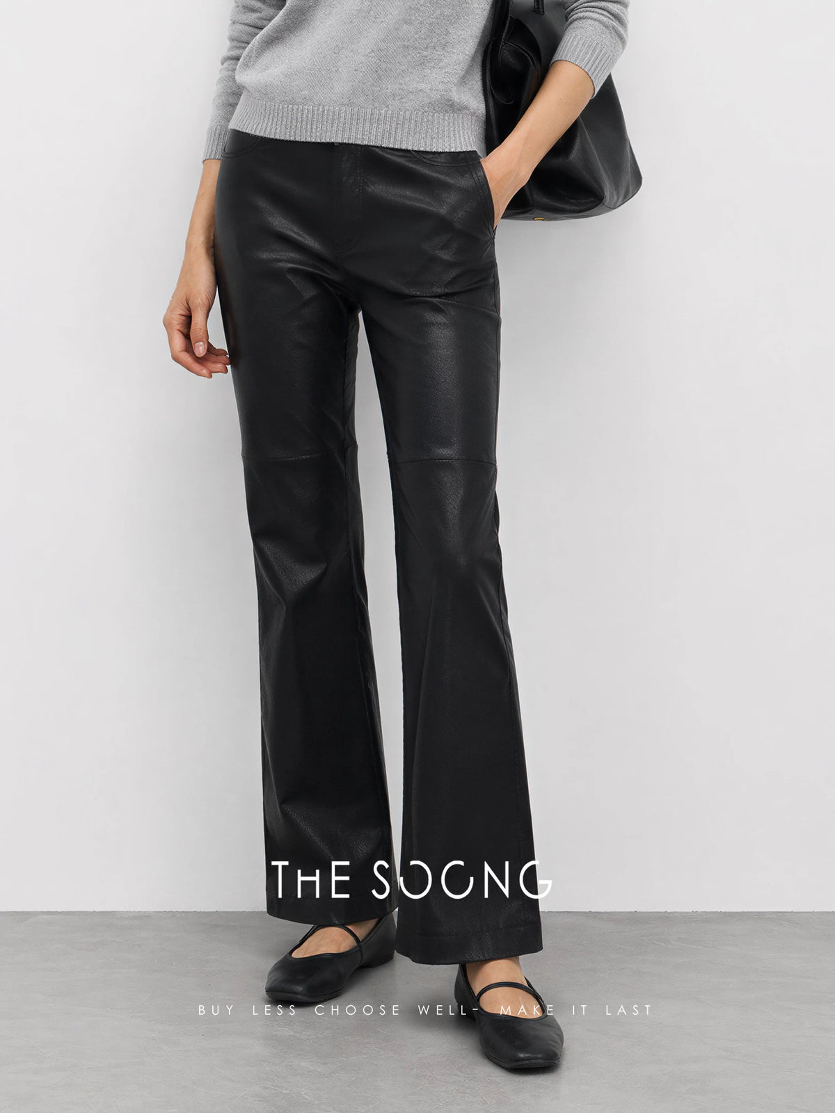 THESOONG/matte sharpness, selected imported British sheepskin high-waist slight-flare women’s leather pants 9145