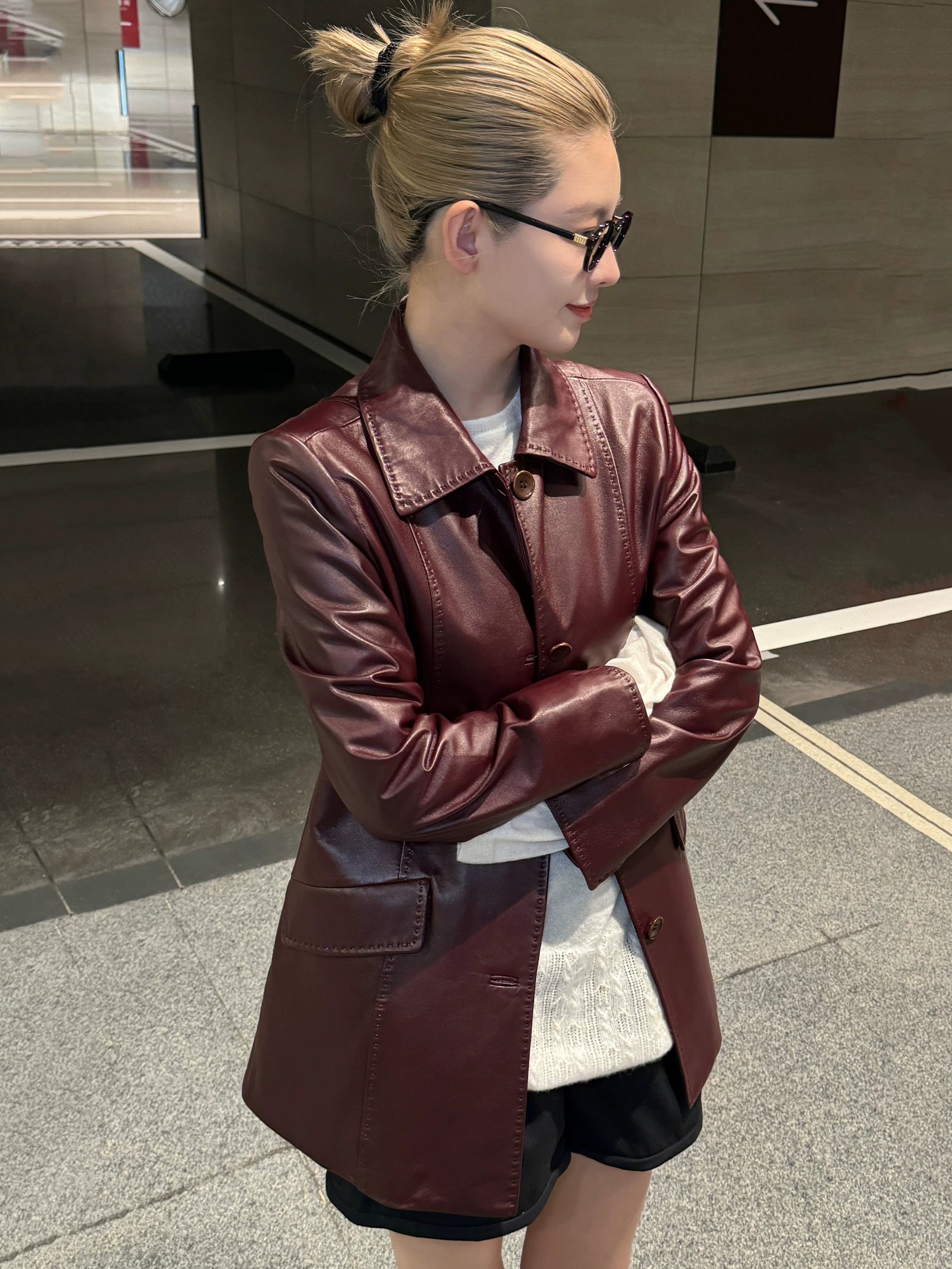 THESOONG/Glowing Vintage New Zealand Sheepskin Handmade High-end Retro Small Lapel Leather Jacket for Women