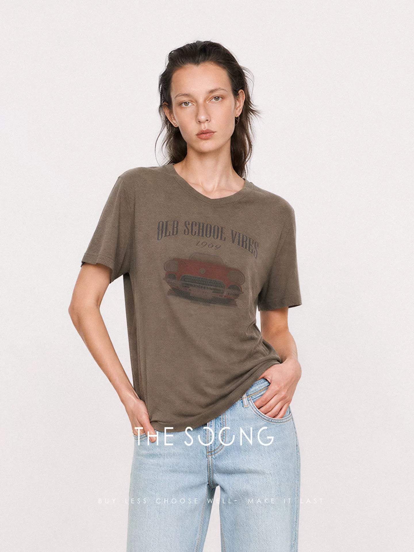 THESOONG/Linen breeze vintage car print breathable slim versatile short-sleeve T-shirt for women 9201
