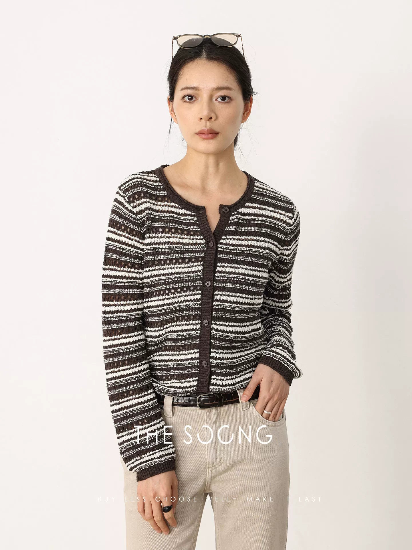 THESOONG/Spring New V-Neck Knitted Stripe Shirt Casual Loose Cardigan Jacket HWMY7645