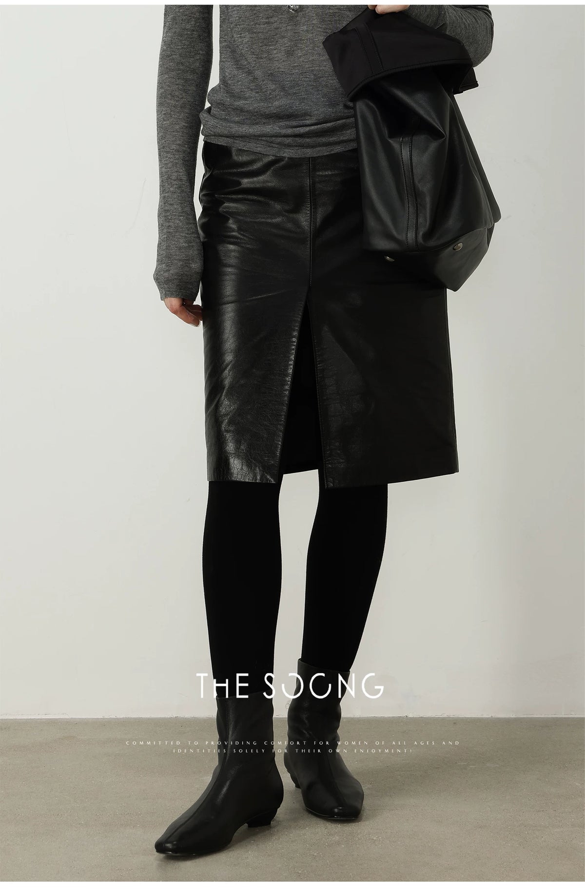 THESOONG / Modern Stylish 100% Cowhide Leather Comfortable Glossy Genuine Leather Versatile Black Half Skirt for Women