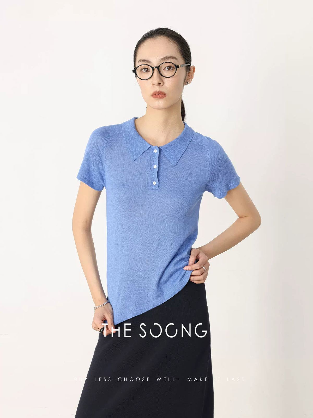 THESOONG/Blue Mood Henry Cashmere and Mulberry Silk Stretch Textured Short Sleeve Polo T-Shirt 6539