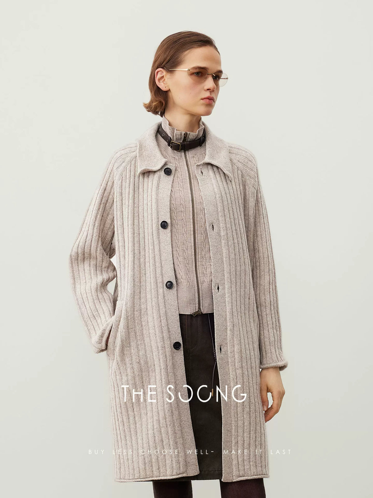 THESOONG/100% Basuran Wool Knit Long-Sleeve Cardigan Women's Mid-Length Trench Coat, Minimalist Outerwear 7526