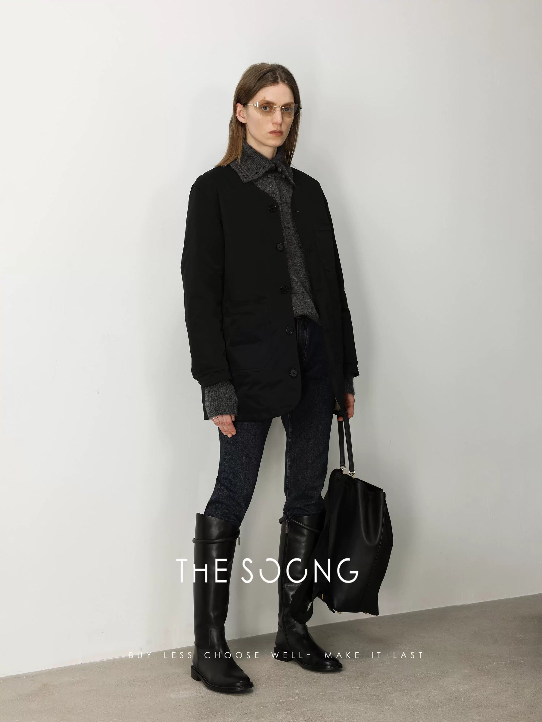 THESOONG / Calfskin High Boots Stylish Autumn and Winter Versatile Leg-Lengthening Round Toe Riding Boots for Women 6012