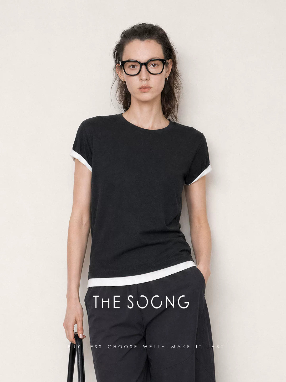 THESOONG / Minimal Layer High-quality Anti-deformation Slim Black and White Color-block False Two-piece T-shirt Women Summer 7683