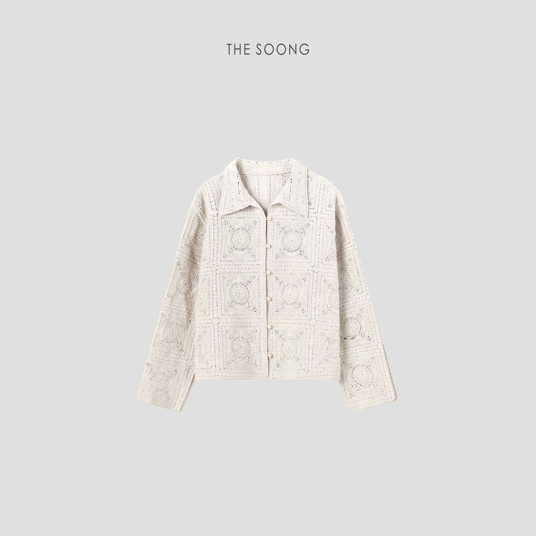THESOONG / Fibobo Art 100% Cotton Heavy-duty Crochet Relief Artistic Lapel Jacket 6585
