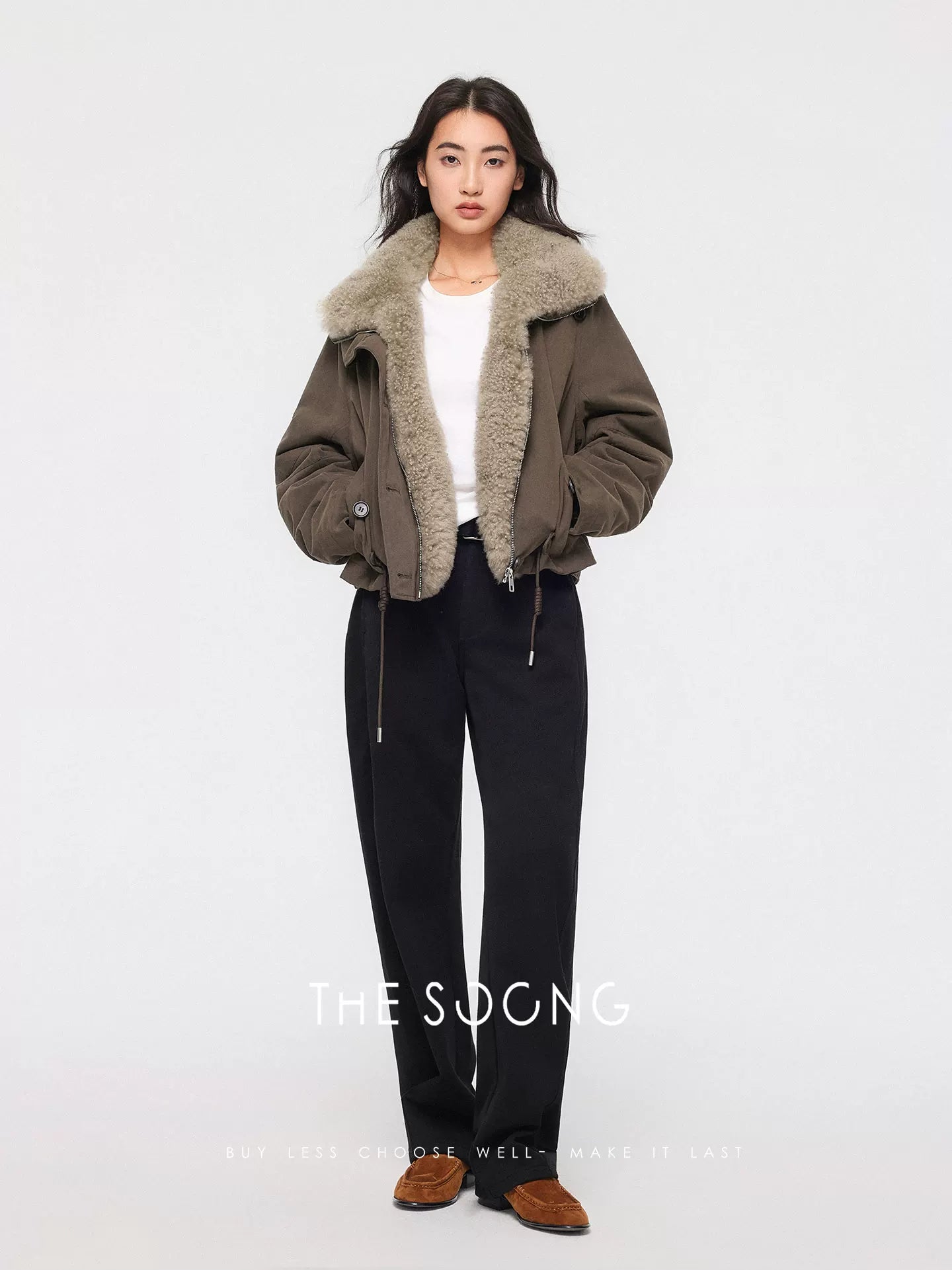 THESOONG / Autumn/Winter Women's Fleece-Lined Thick Elastic Zipper Mid-Waist Casual Pants 7302