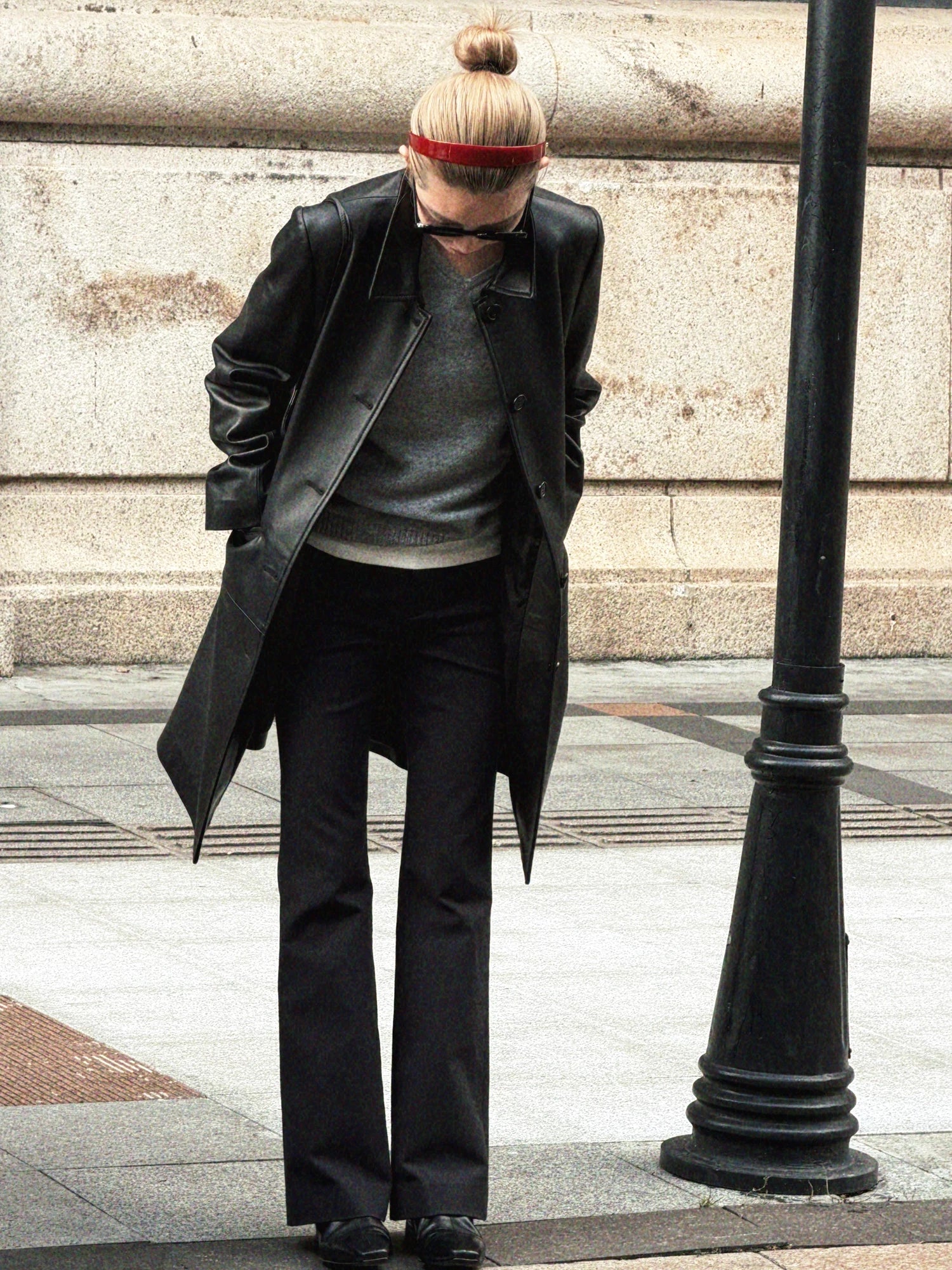 THESOONG / Very Cool Spain Imported Classic Texture Mid-Length No-Pad Shoulder Leather Jacket for Women 9117