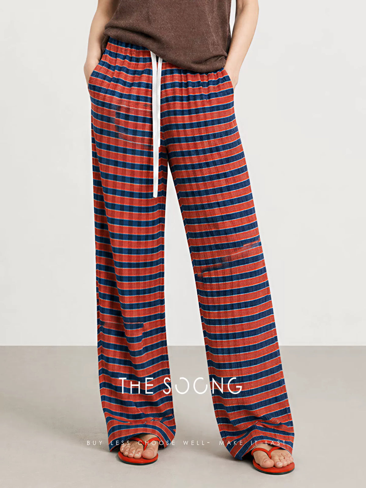 THESOONG/Red and Blue Plaid Straight-Leg Pants for Women, Summer Thin Eco-Dye Recycled Fiber Long Pants HWKZ9315