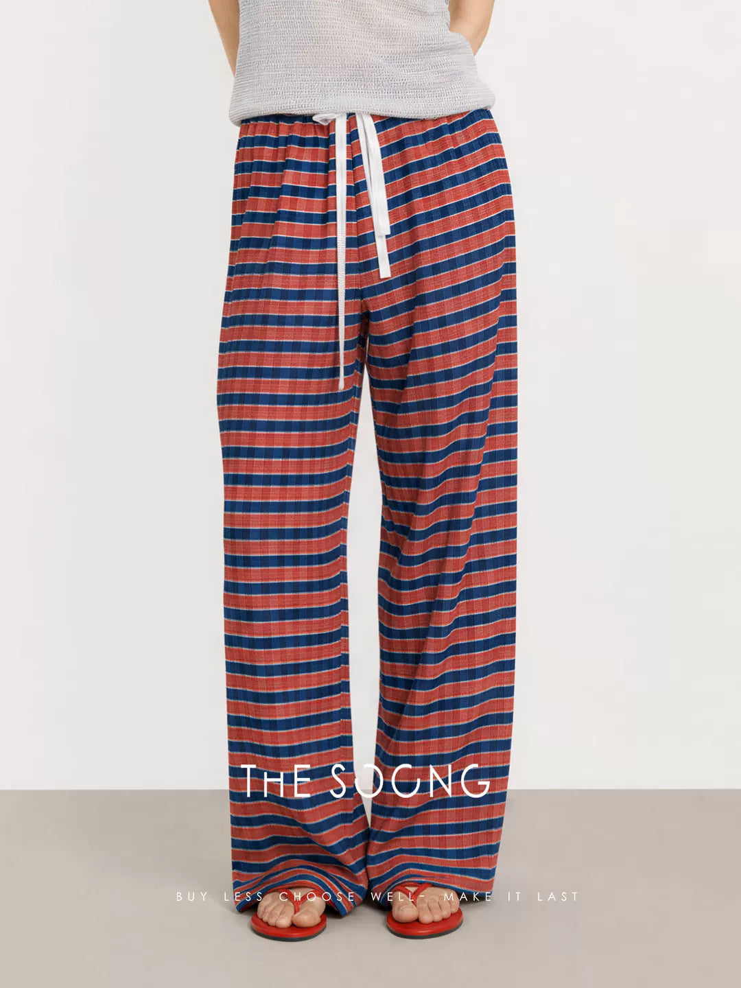 THESOONG/Red and Blue Plaid Straight-Leg Pants for Women, Summer Thin Eco-Dye Recycled Fiber Long Pants HWKZ9315