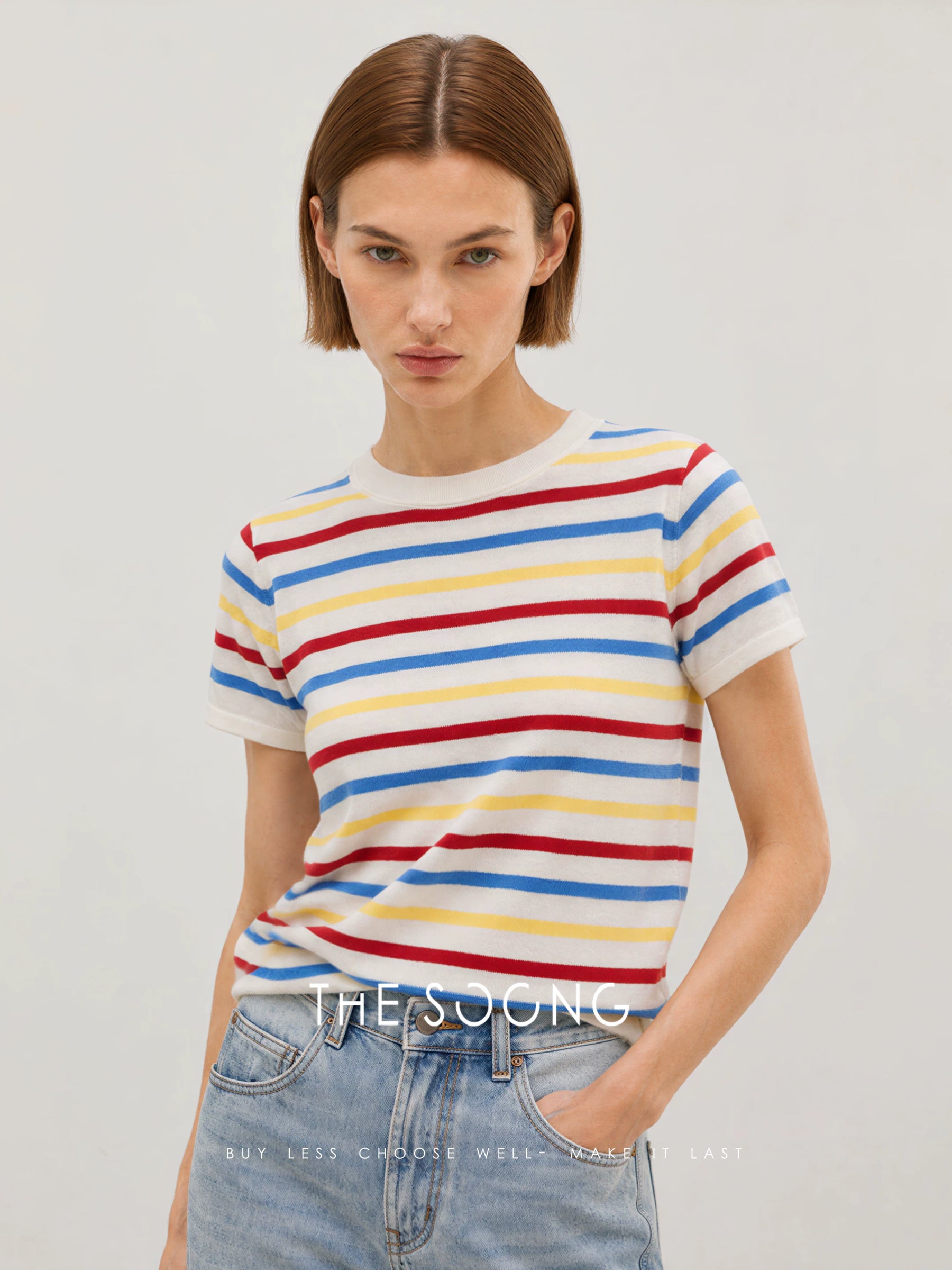 THESOONG / Rainbow Sweater Australian Imported 90% Wool High-Count Fine Knit Short Sleeve Striped Sweater for Women 9041
