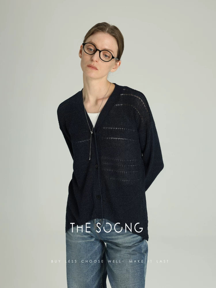 THESOONG/Leisure Time, Lyocell Hollow Ribbed V-Neck Dropped Shoulder Cardigan Jacket 6487