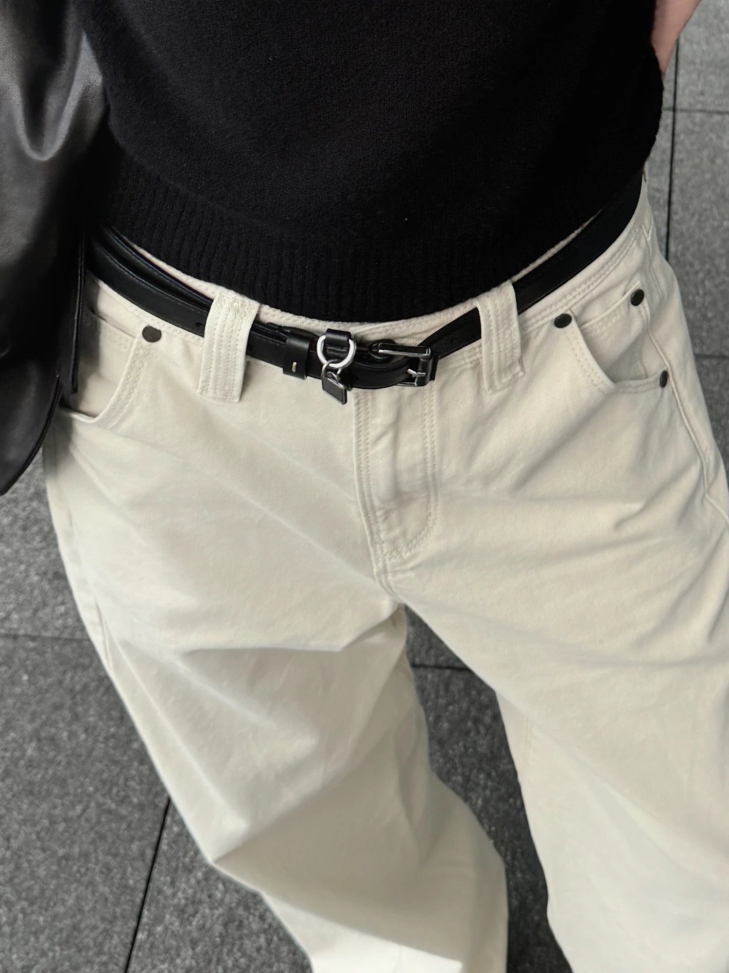 THESOONG/ "Elegant Black Tone" Calf Texture Tree Cream Cowhide Double-Layer Structure Commuter Belt 9303