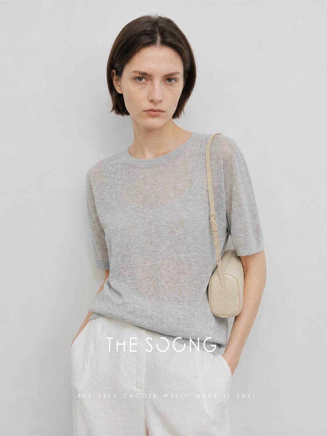 THESOONG/15-gauge high-density woven linen-cotton blend machine washable short-sleeve knit top for women, thin summer style 9405