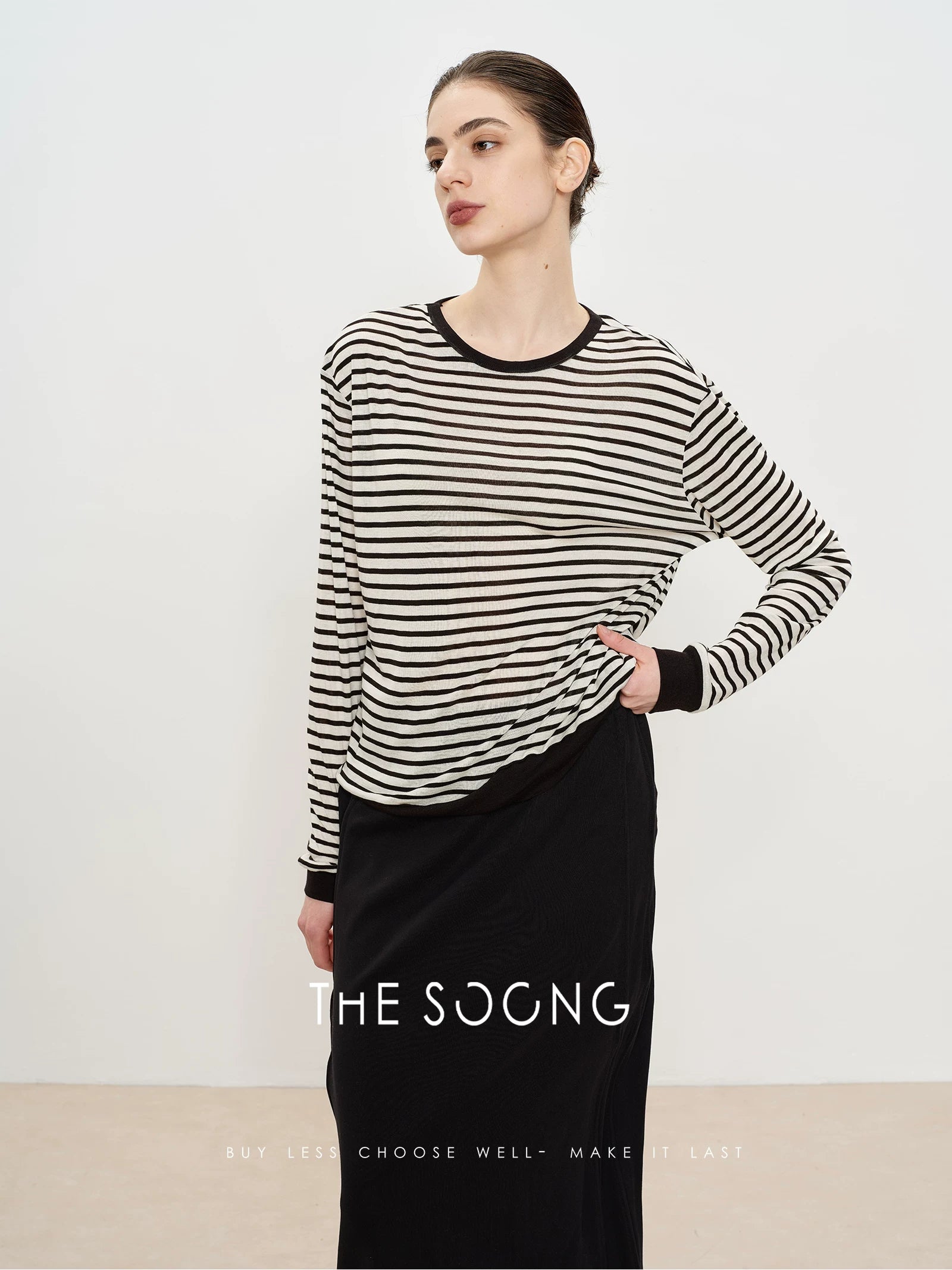 THESOONG/Line Aesthetics Zebra Stripe High-Weave Tencel Wool Summer Thin Long Sleeve Round Neck T-Shirt 2946