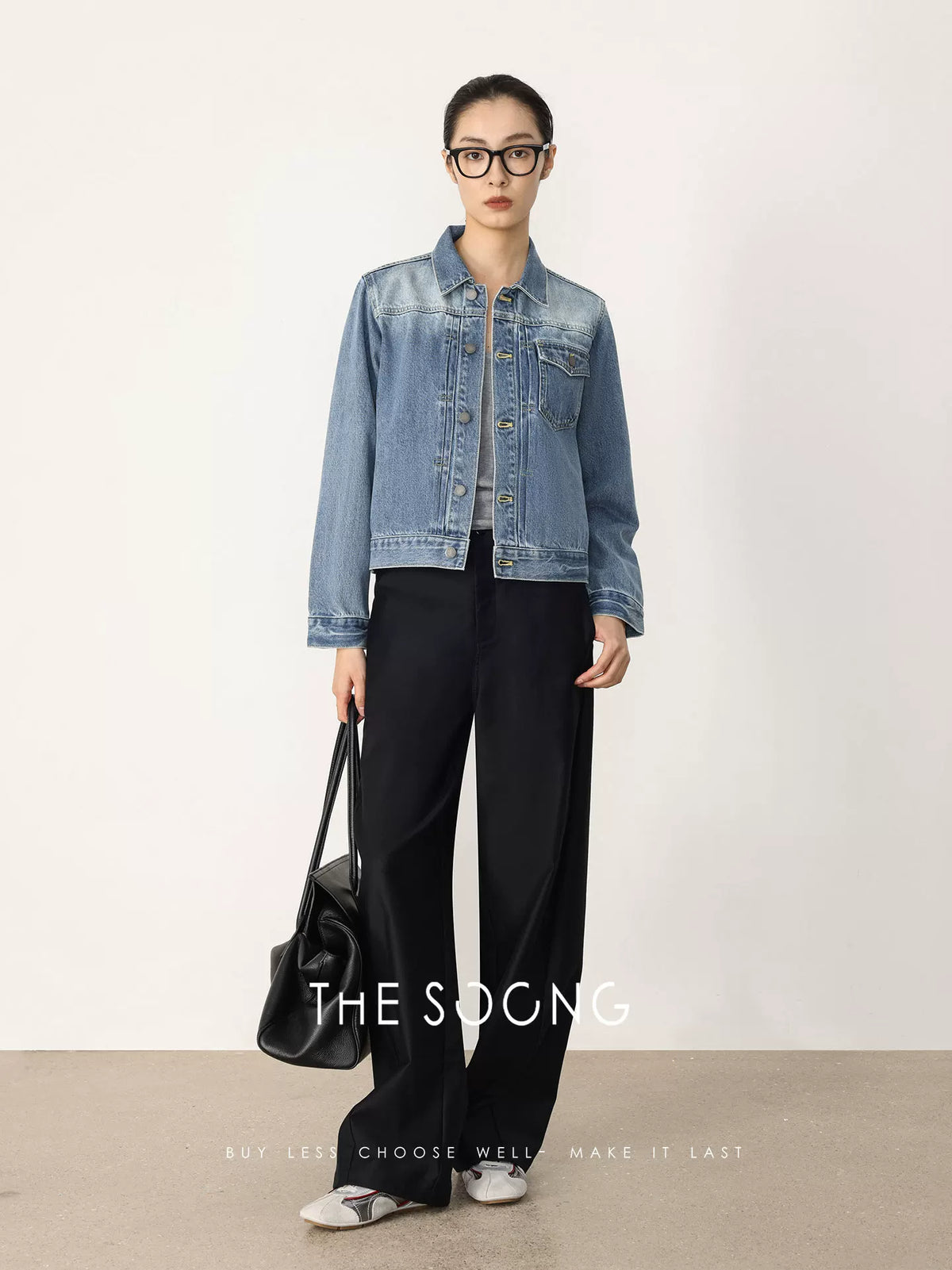 THESOONG/Vintage Washed Blue Denim Jacket for Women, Short Lapel Single-Breasted Casual Jacket HBWT7357