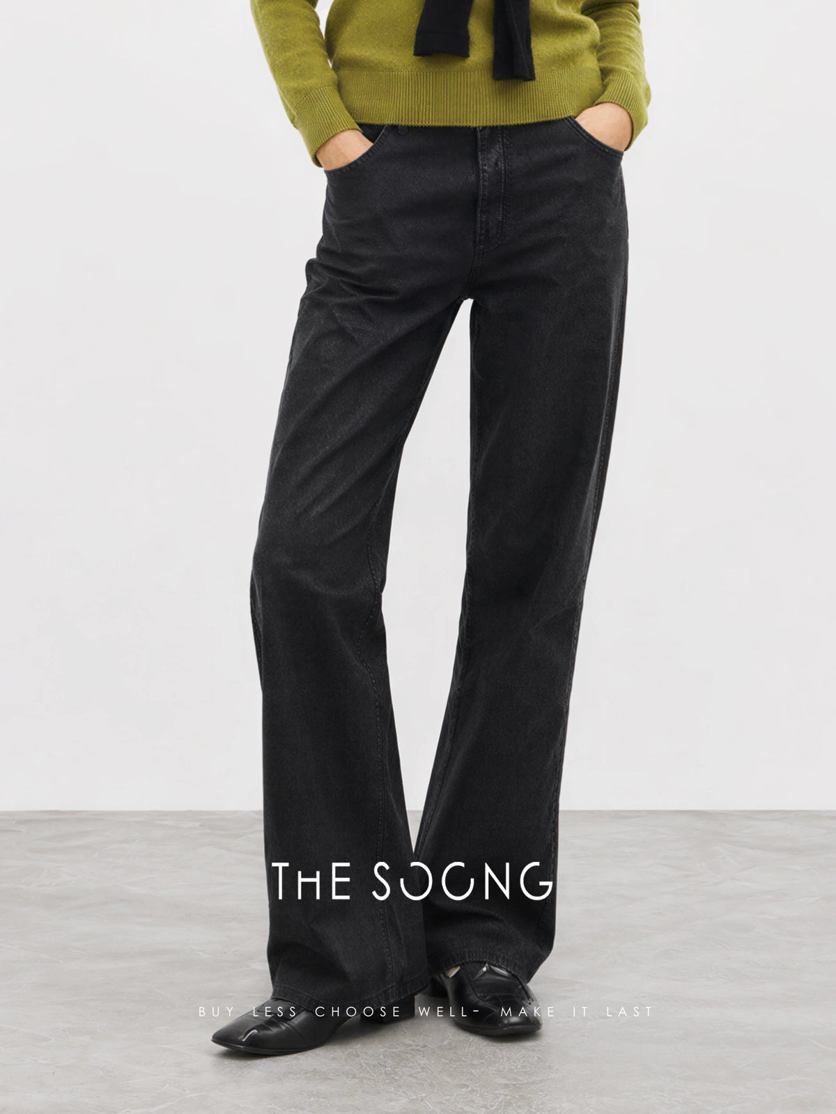 THESOONG / Black Cow Very Strong 2026 Early Autumn Black Gray High-Density Cotton Straight-Leg Slightly Flared Jeans for Women 8362