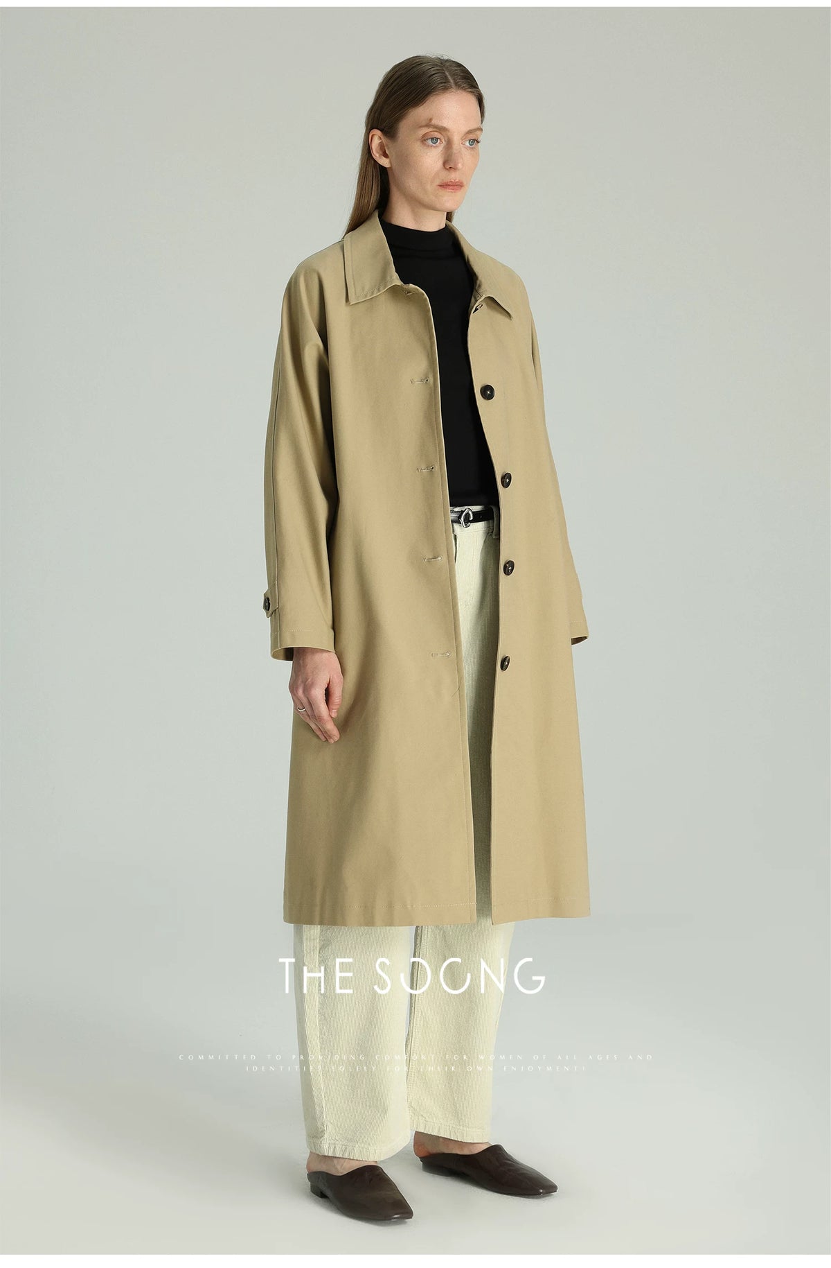 THESOONG / Old Milan 365g Woven Fabric Long Trench Coat Simple Horn Button Khaki Coat