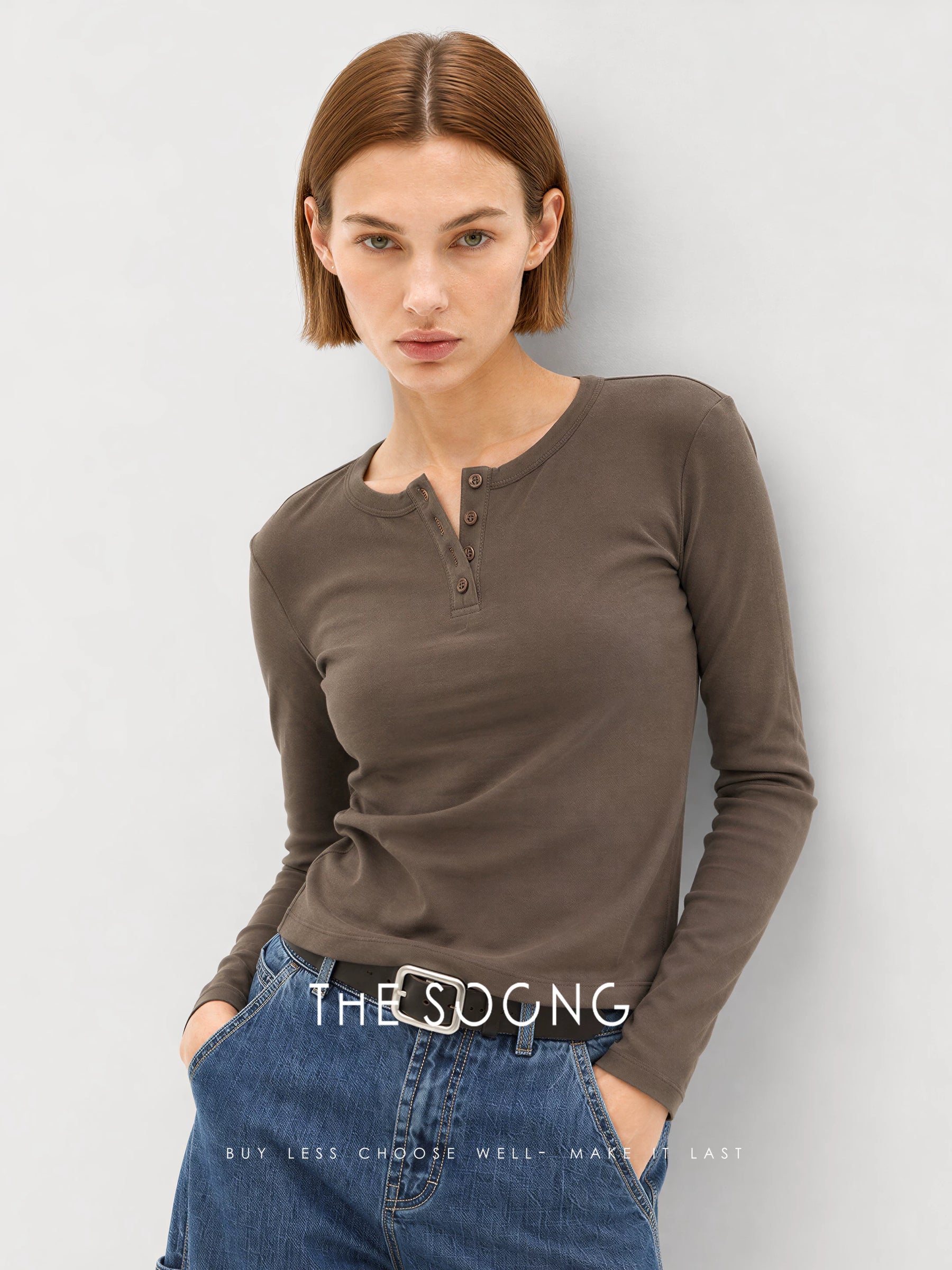 THESOONG/Simple Henry Early Autumn New Classic Basic Henry Neck Long Sleeve Top for Women 9436
