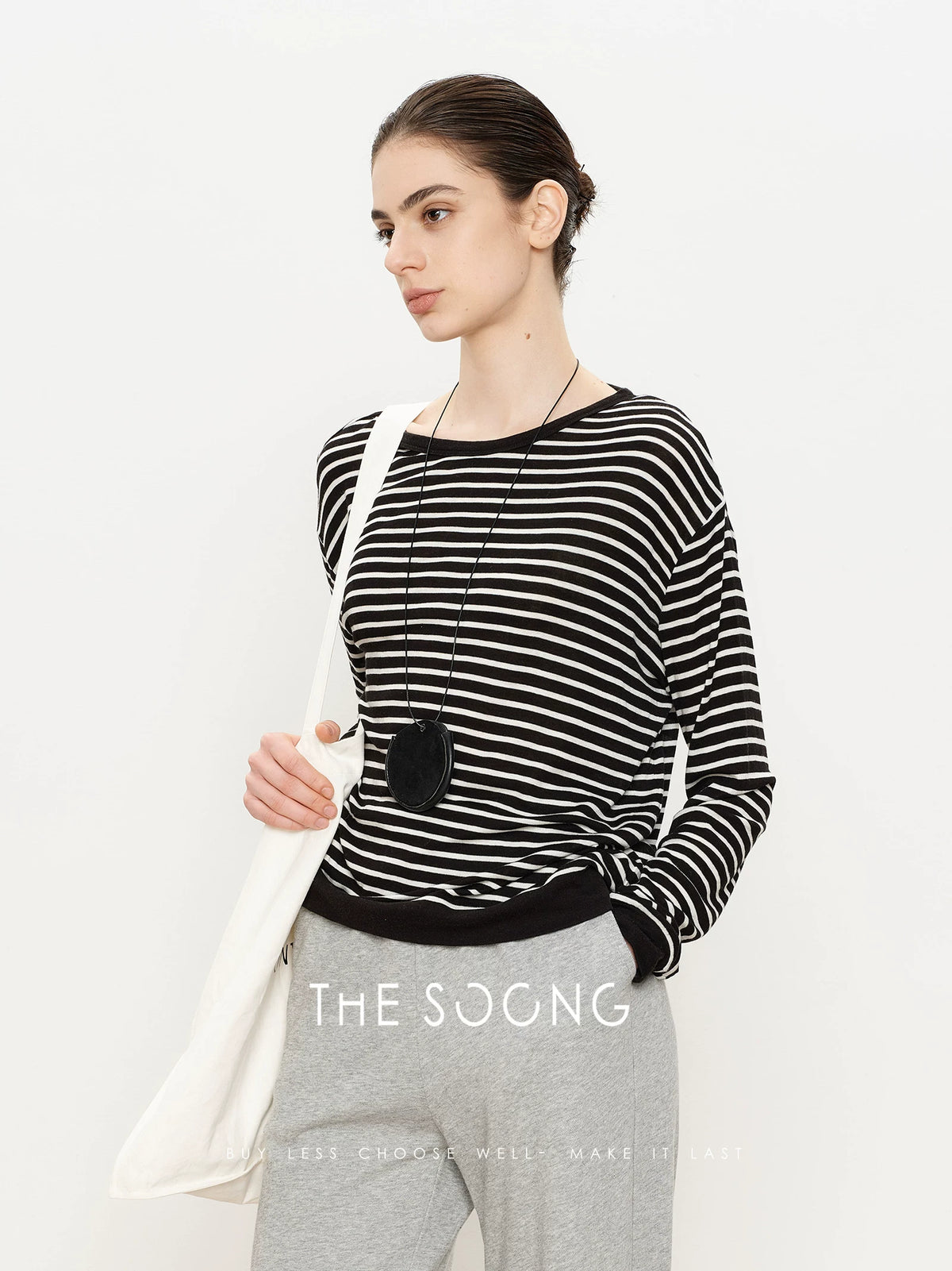 THESOONG/Line Aesthetics Zebra Stripe High-Weave Tencel Wool Summer Thin Long Sleeve Round Neck T-Shirt 2946