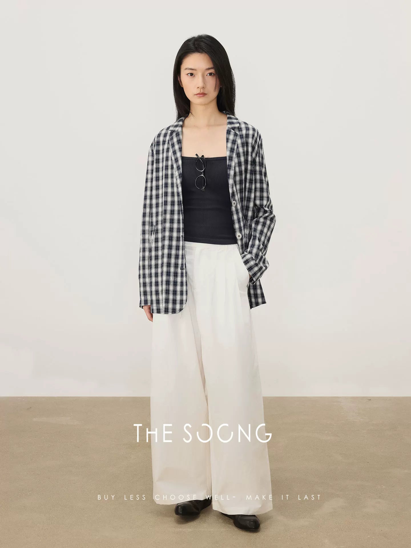 THESOONG / Spring Blue and White Plaid Casual Suit Jacket Women Petite High-end Design Top 8060