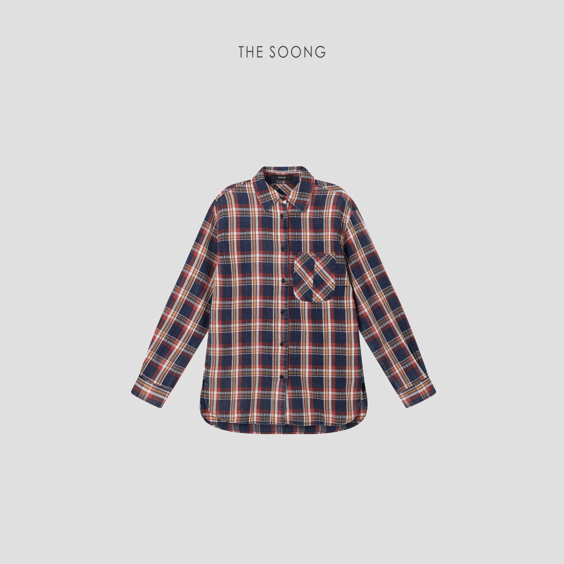 THESOONG/Nostalgic check color woven denim plaid heavy washed casual women's shirt 7740