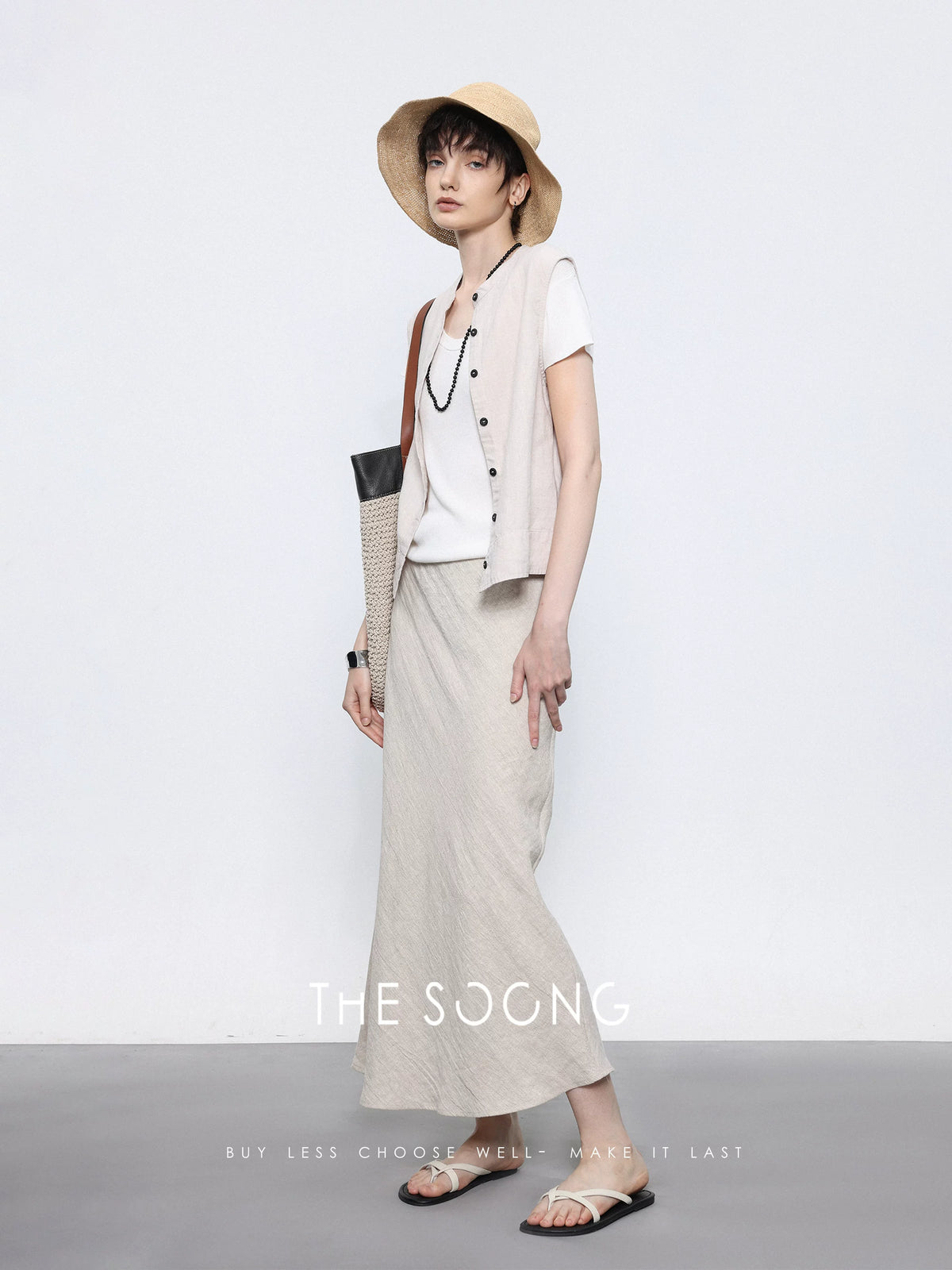 THESOONG / High-End Hemp Fabric Washed Soft Thin Vest Outerwear Layering Cardigan Vest