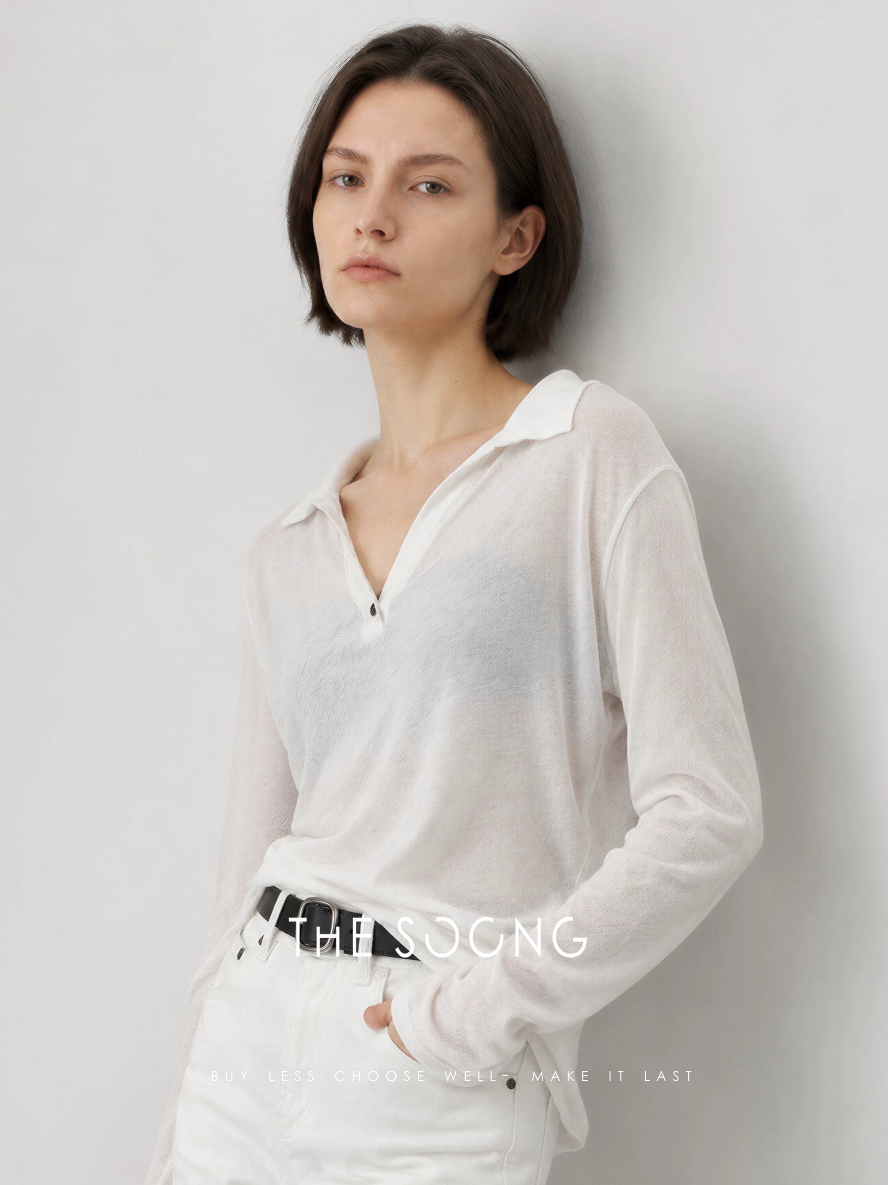 THESOONG / Classic 100% cotton breathable Henry shirt skin-feel long sleeve polo sweater for women 6347