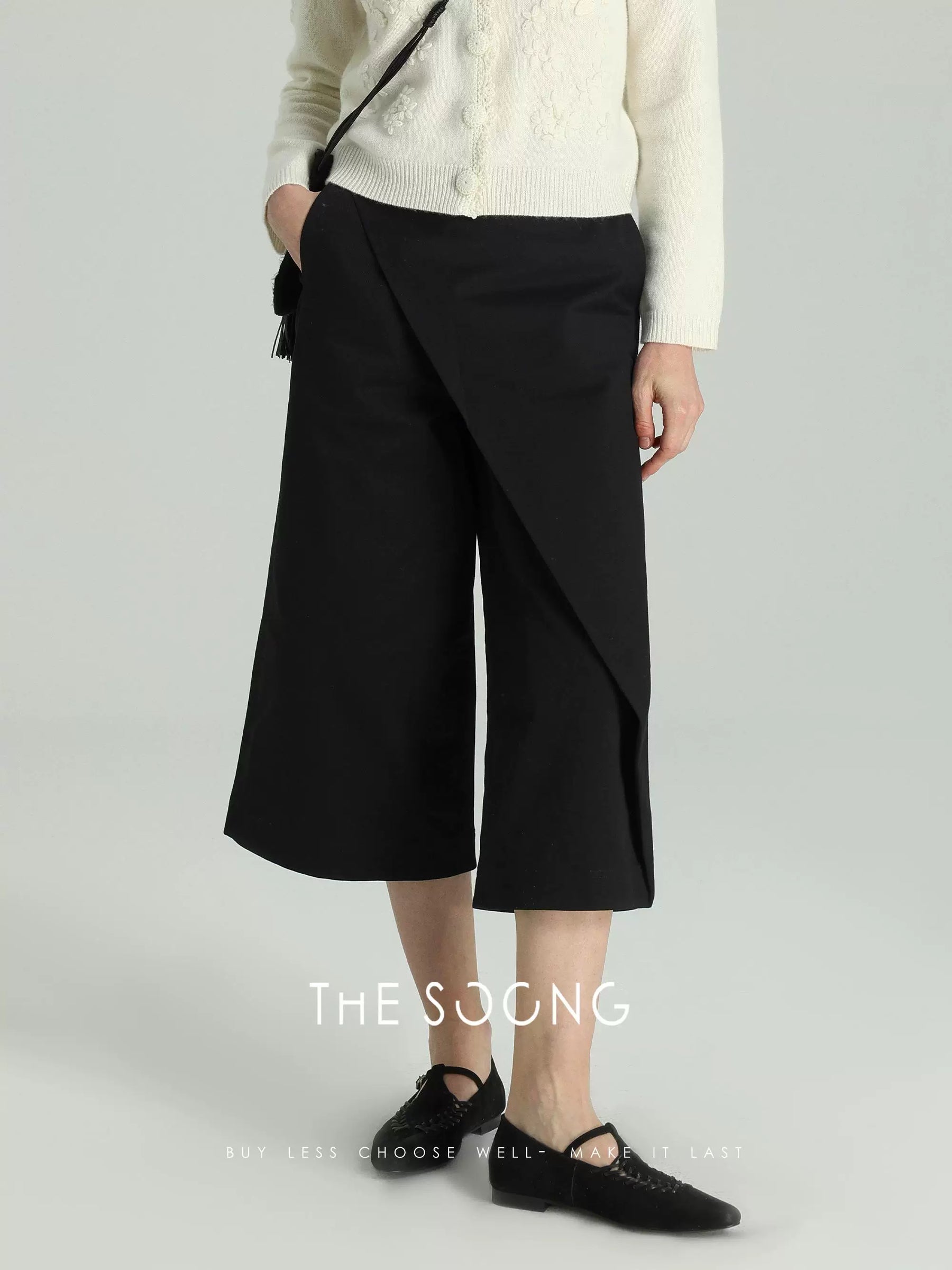 【Clearance 3】Yamamoto Pants Spring/Summer 100% cotton classic black irregular A-line cropped wide-leg pants 6478